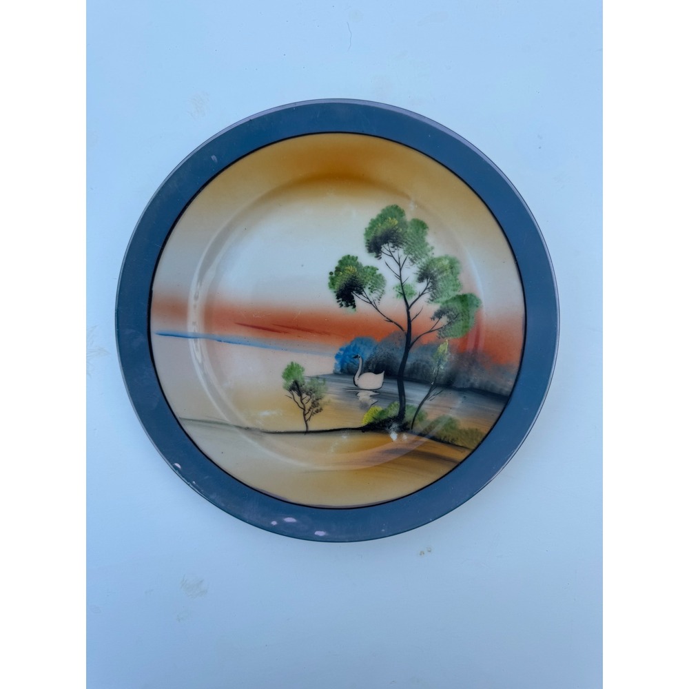 Vintage Chikaramachi Japan Hand Painted Swan Landscape Lusterware Plate 7.5"